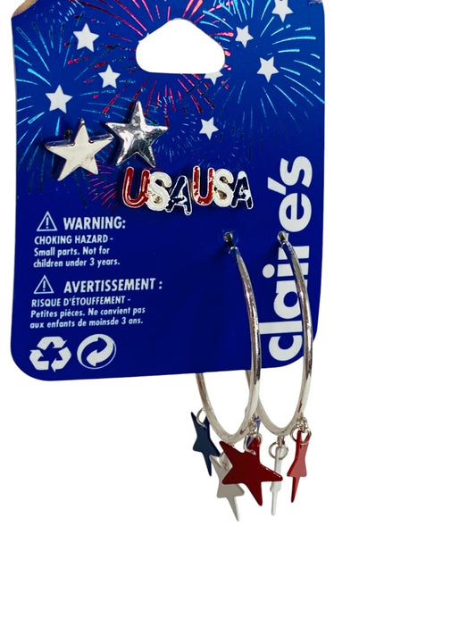 Claires New Set of 3 Pierced Earrings USA Patriotic Silvertone