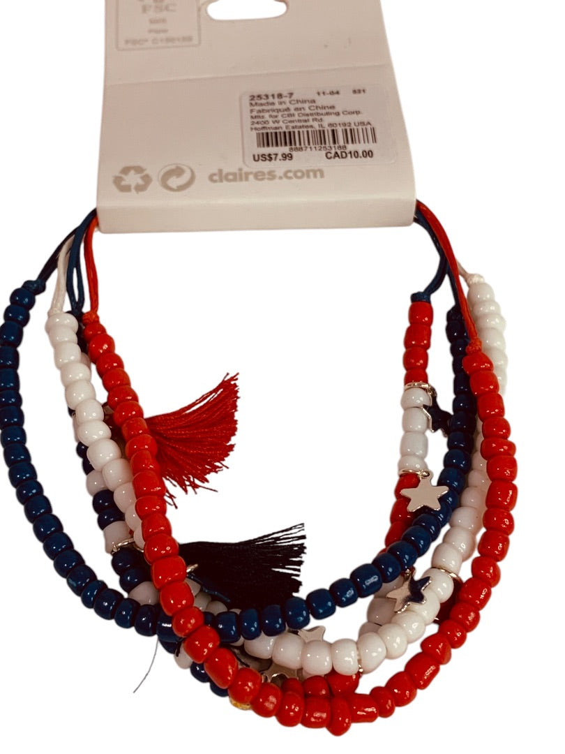 Claires New Set of 4 Beaded Slide Adjustable Bracelets Patriotic USA