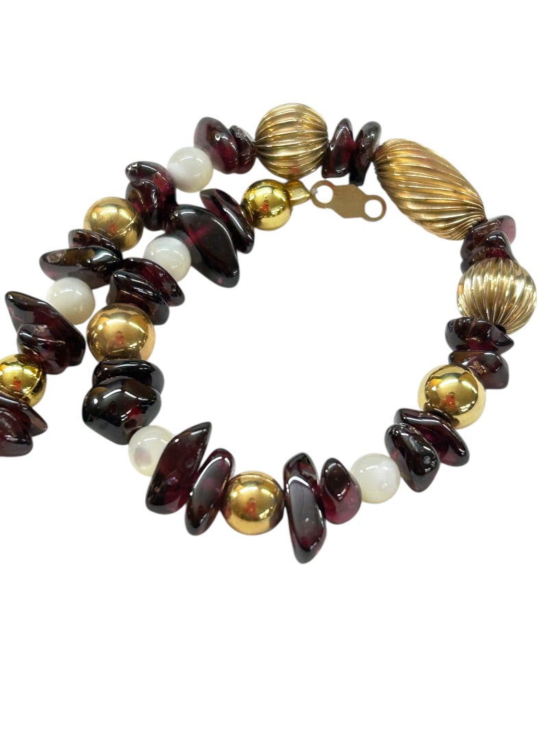 Garnet Chip Bead 14k Gold Filled Spacers Bracelet 7.5 Inch Spring Closure