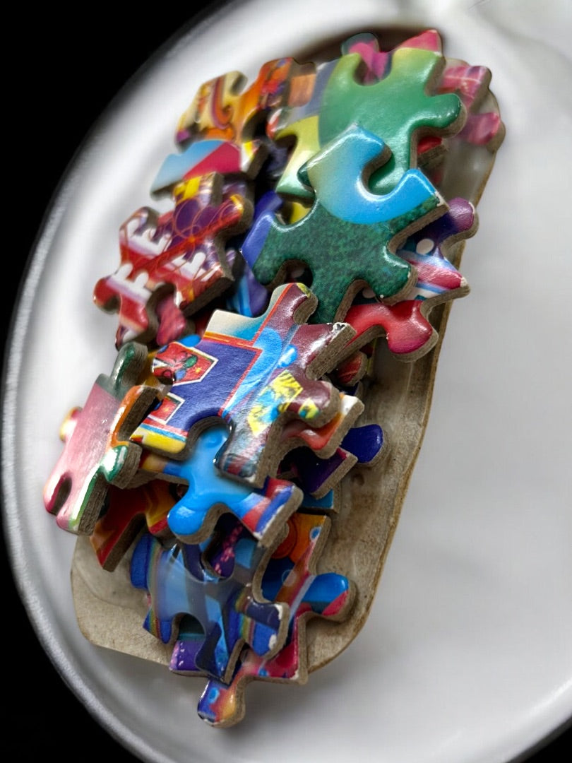 Handmade Brooch Puzzle Pieces 3.5" x 1" Bright Colorful Pin