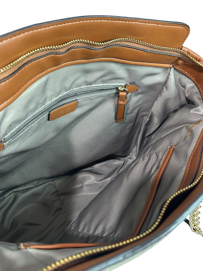 Anne Klein Tote Bag Brown Tan Monogram Chain Strap Purse Zip Pocket Logo
