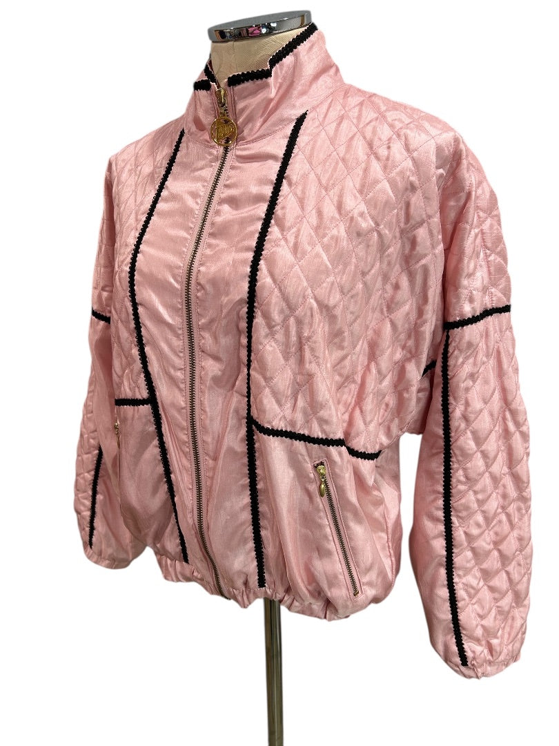 XS Tail Womens Track Jacket Pink Quilted Satin 80s Retro Zip Up Black Trim