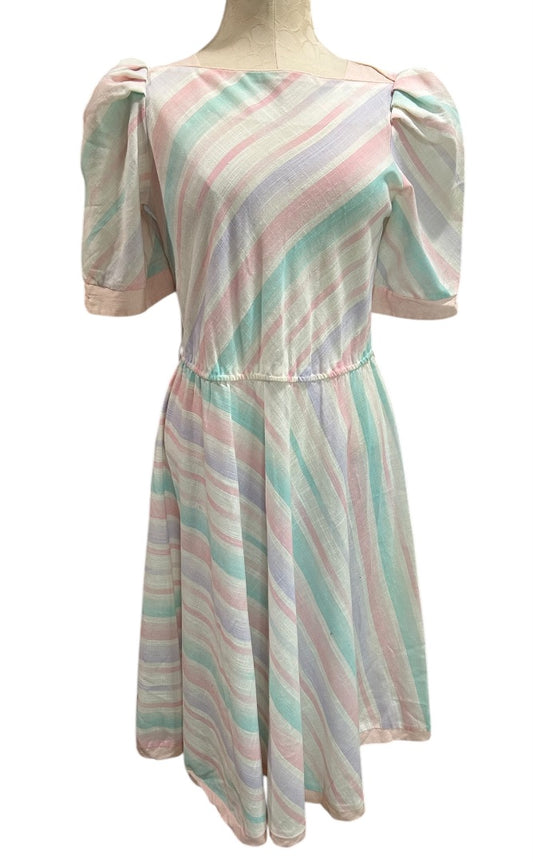 Size 10 Womens Dress Pastel Puff Sleeve Striped 80s Cottagecore