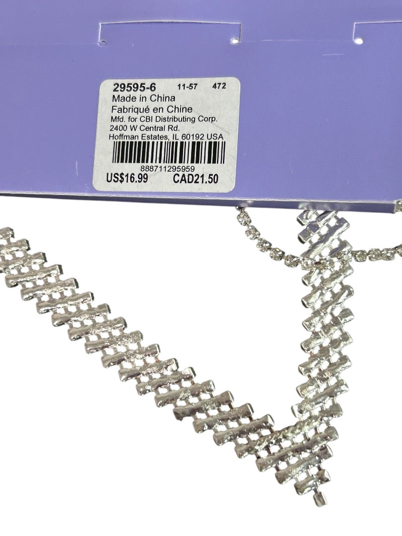 Claires Silvertone Rhinestone V-Necklace New Lobster Clasp 18-22 Inch