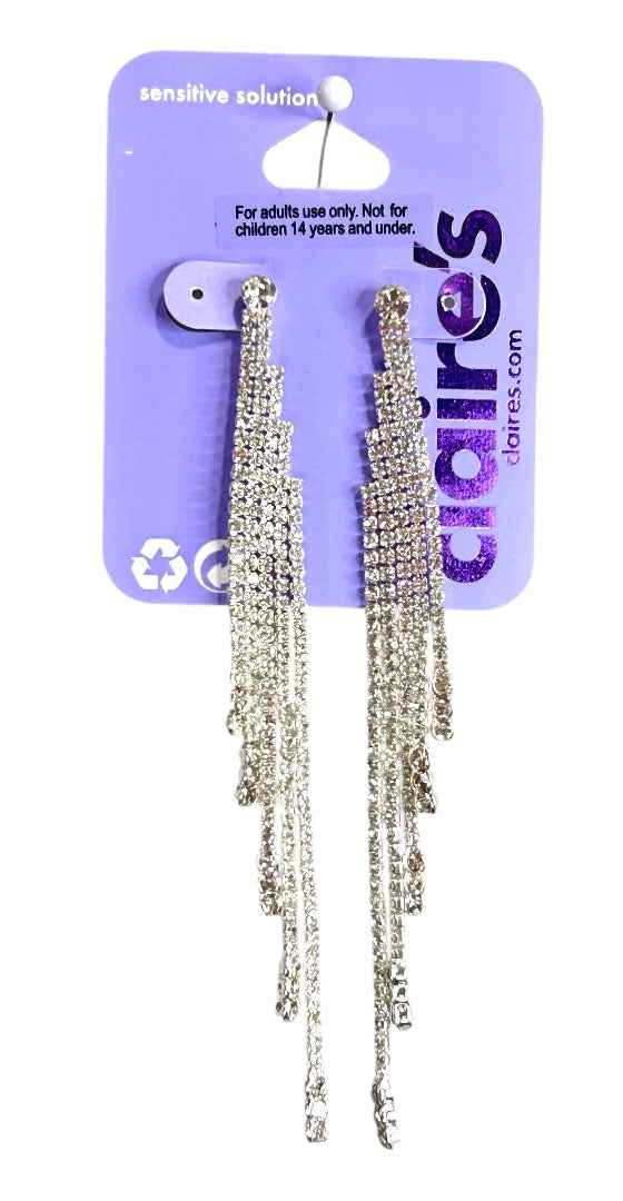 Claires New Swag Rhinestone Earrings Silvertone 4 Inch Drop Post Pierced