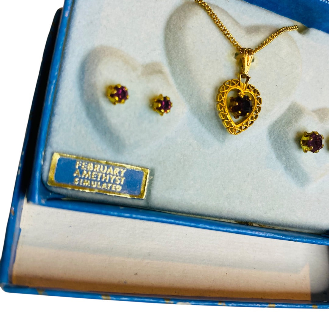 Vintage Simulated Amethyst Goldtone Necklace Earring Set New Old Stock Heart Stud