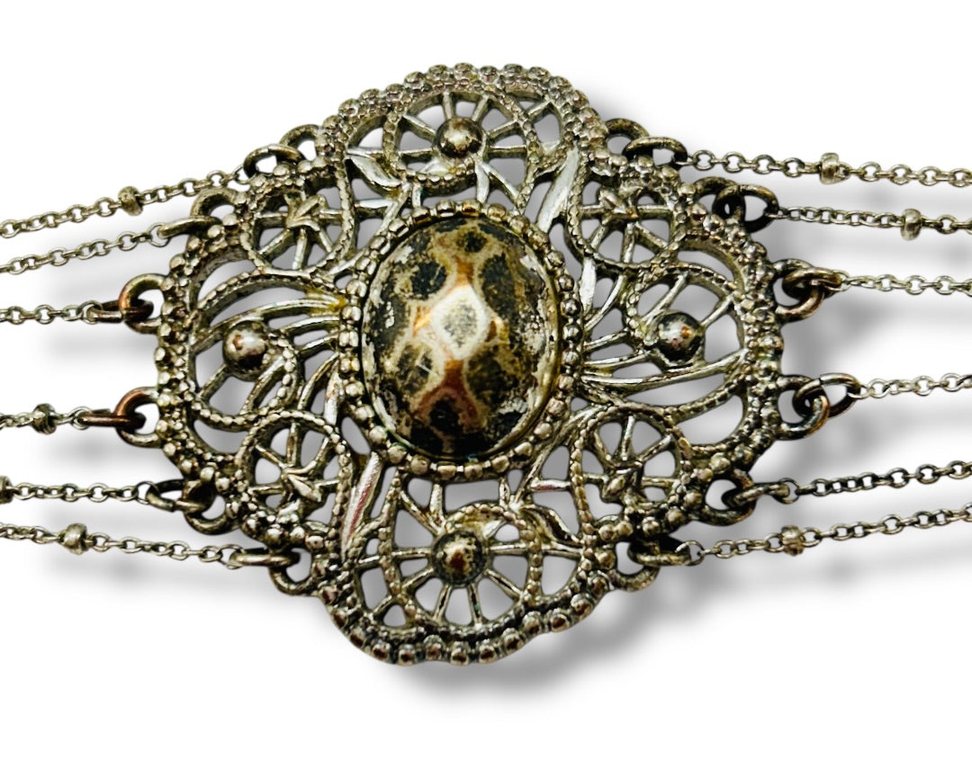 1960s Signed NRI Silvertone Bracelet Art Deco Inspired 7.25-8.5"