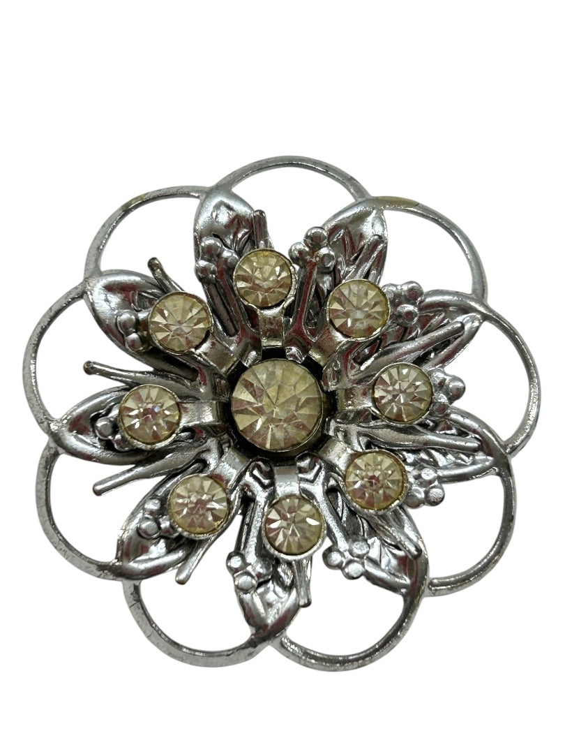 Silvertone Brooch Flower Shape Yellow Rhinestones 1.5 Inch Vintage