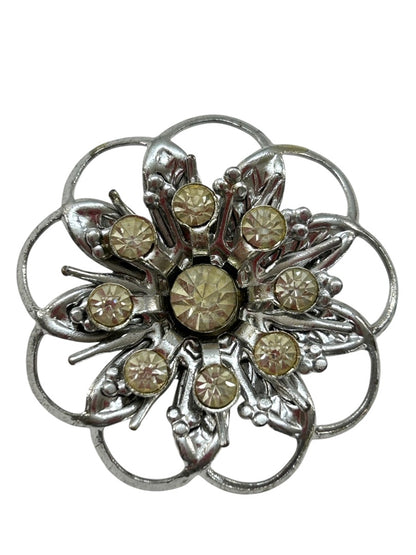 Silvertone Brooch Flower Shape Yellow Rhinestones 1.5 Inch Vintage