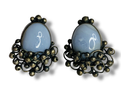 Sterling Silver Vintage Screwback Clip-On Earrings Blue Glass 1.5 Inch