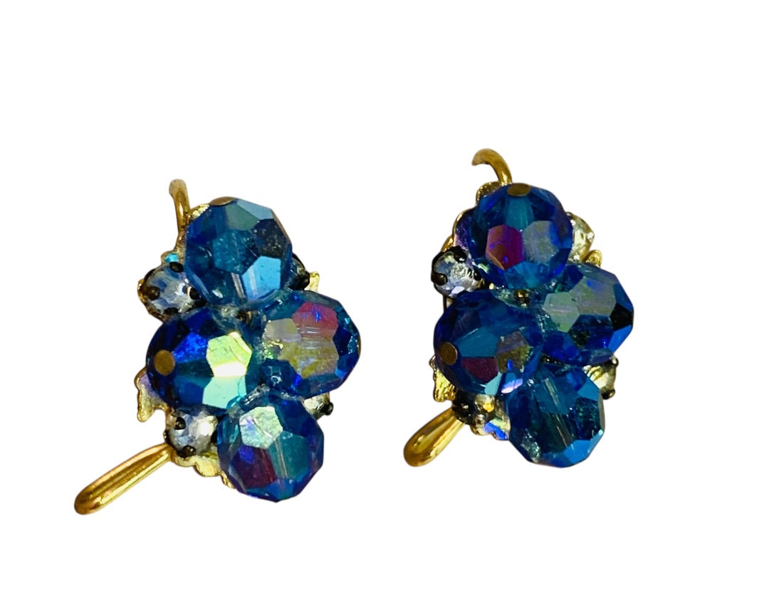 Wingback Earrings Blue Aurora Borealis Crystal Cluster Goldtone Pierced 1 Inch