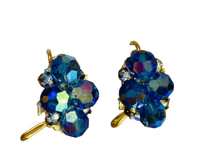 Wingback Earrings Blue Aurora Borealis Crystal Cluster Goldtone Pierced 1 Inch