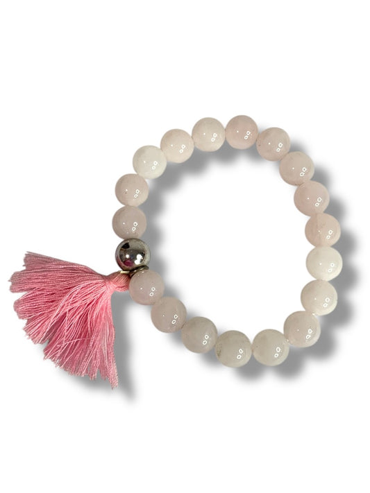 Stretch Blush Pink Stone Bracelet Tassel Silvertone Bead