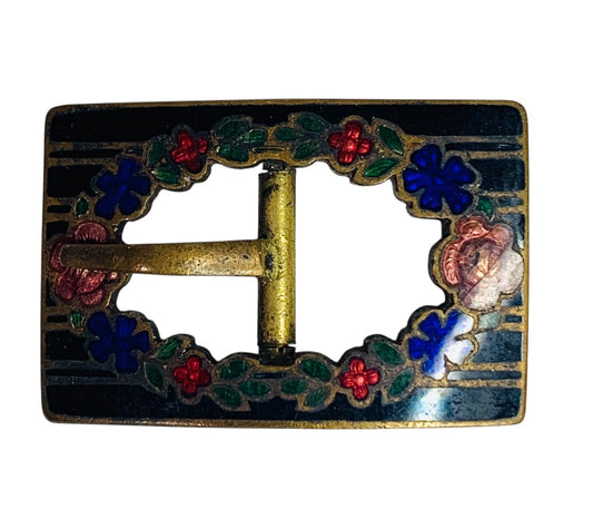 Vintage Guilloche Enamel Belt Buckle Small 7/8" x 1 3/8" Czechoslovakia Floral