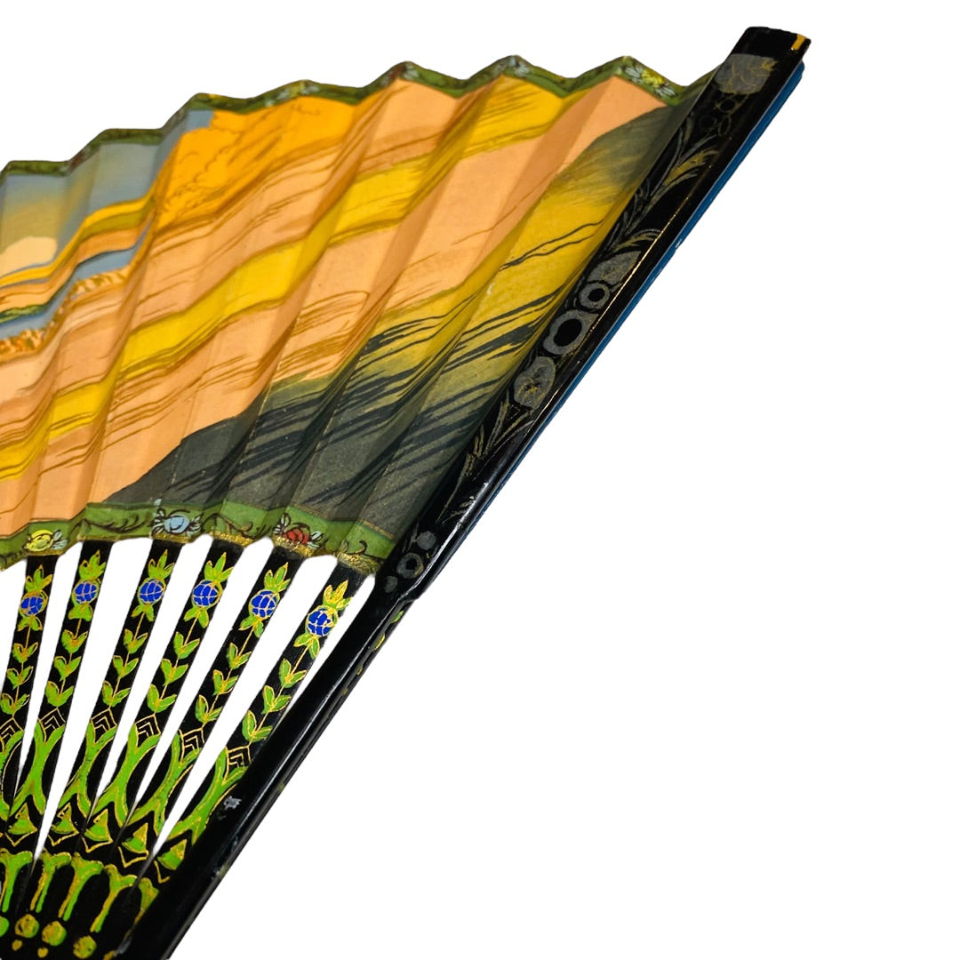 Vintage Hand Fan Vibrant Asian Paper Black Lacquer 10.5 Inch