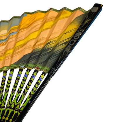 Vintage Hand Fan Vibrant Asian Paper Black Lacquer 10.5 Inch