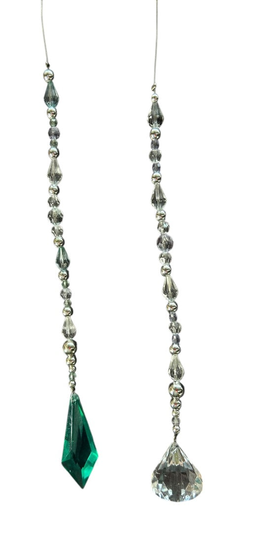Two Wire Acrylic Beaded Haning Prisms Clear Teal Silvertone 14.5 Inch