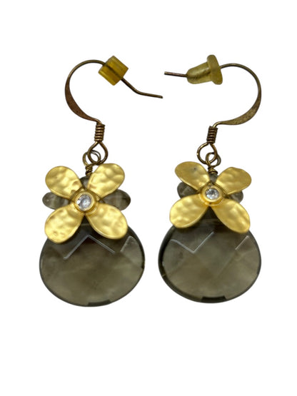 Goldtone Fish Hook Earrings Flower Pierced 1.4 Inch Drop Dangle