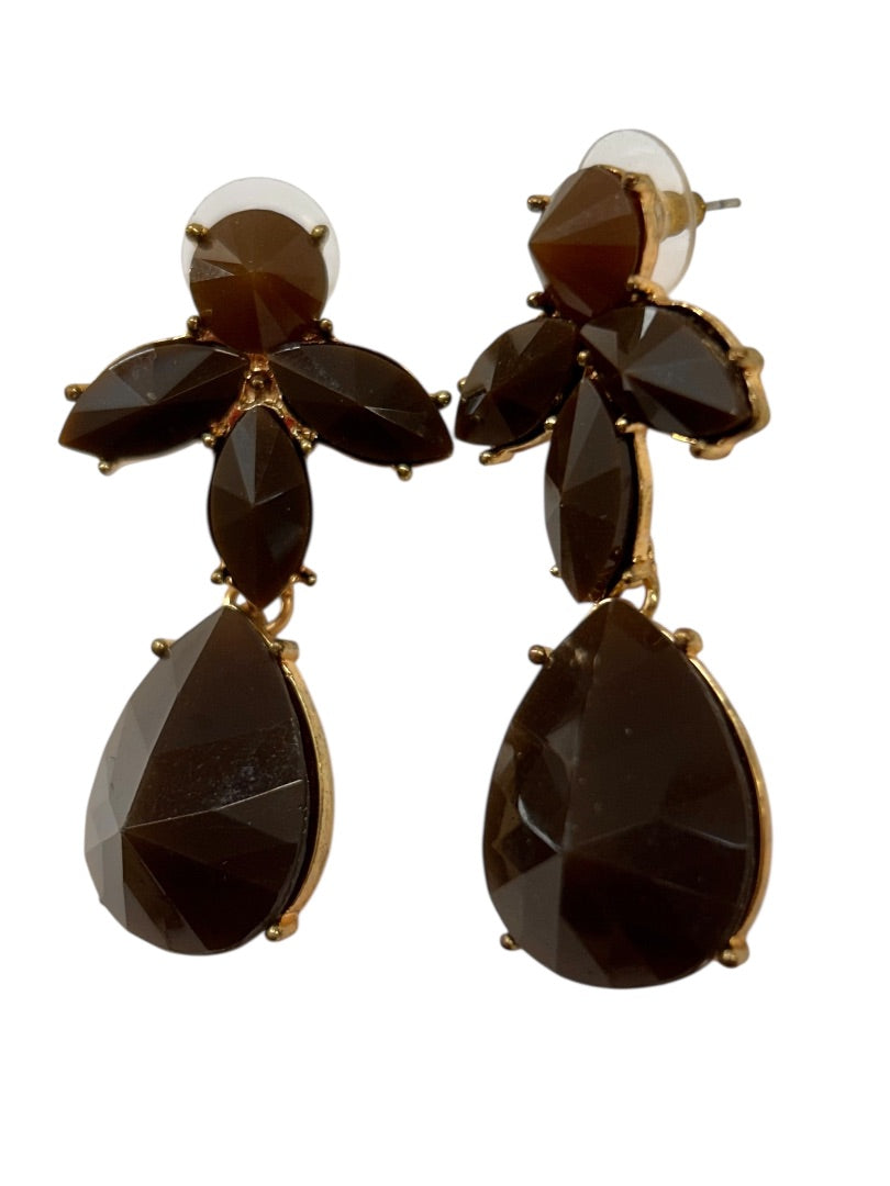 Goldtone Brown Acrylic Statement Post Pierced Earrings 2" Drop