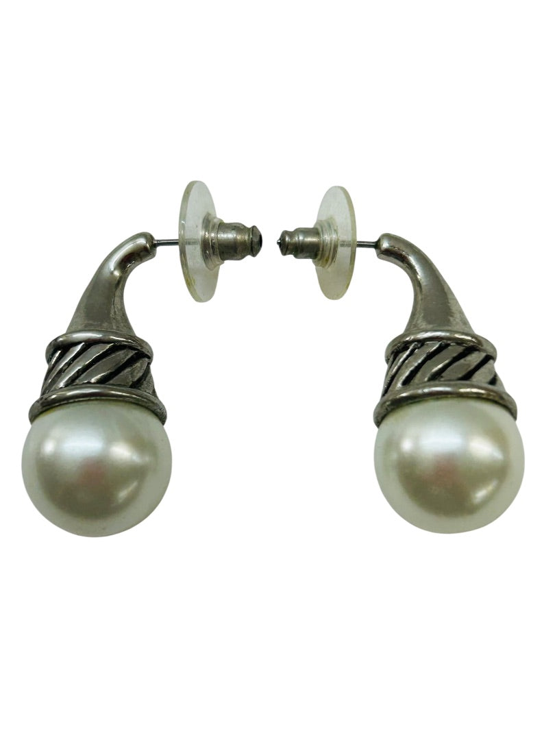 Faux Pearl and Silvertone Post Pierced Earrings 1.25 Inch Drop
