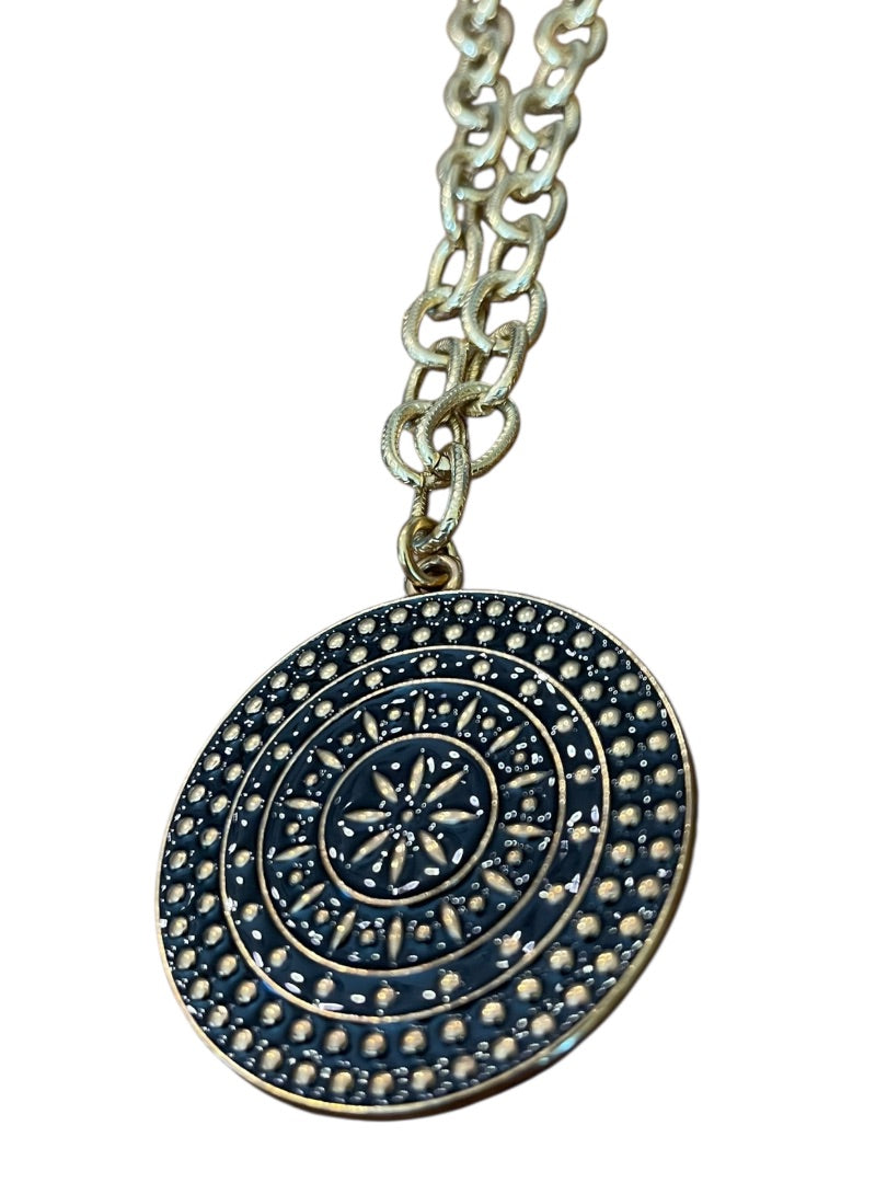 Express 2" Round Pendant Chain Chunky Necklace Goldtone Black 36 Inch