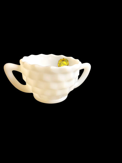 Hazel-Atlas Opaque Milk Glass Sugar Bowl with Sticker Starburst Geometric Design