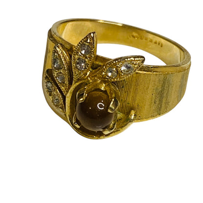 Size 8.5 Vintage Goldtone Ring Band Style Embellished Leaf Flower