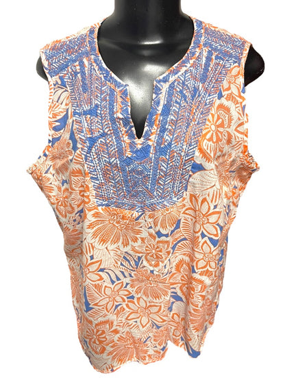XL Talbots Floral Embroidered Cotton Sleeveless Shirt Boho Pullover