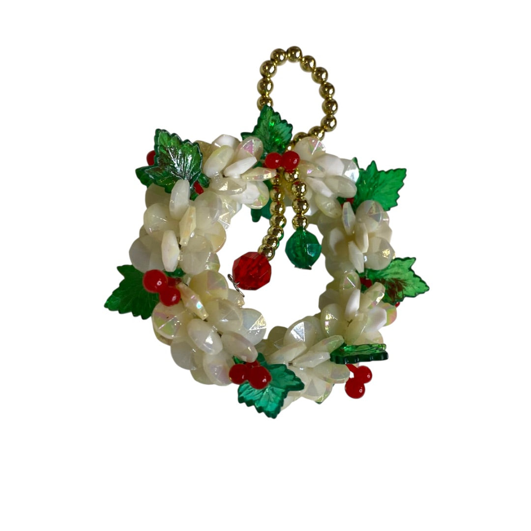 Vintage Beaded Handmade Ornament Holiday Wreath 2"Diameter