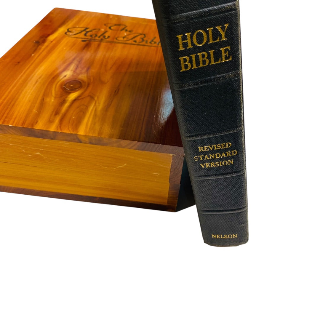 1950s Holy Bible in Hinged Cedar Box Revised Standard Nelson
