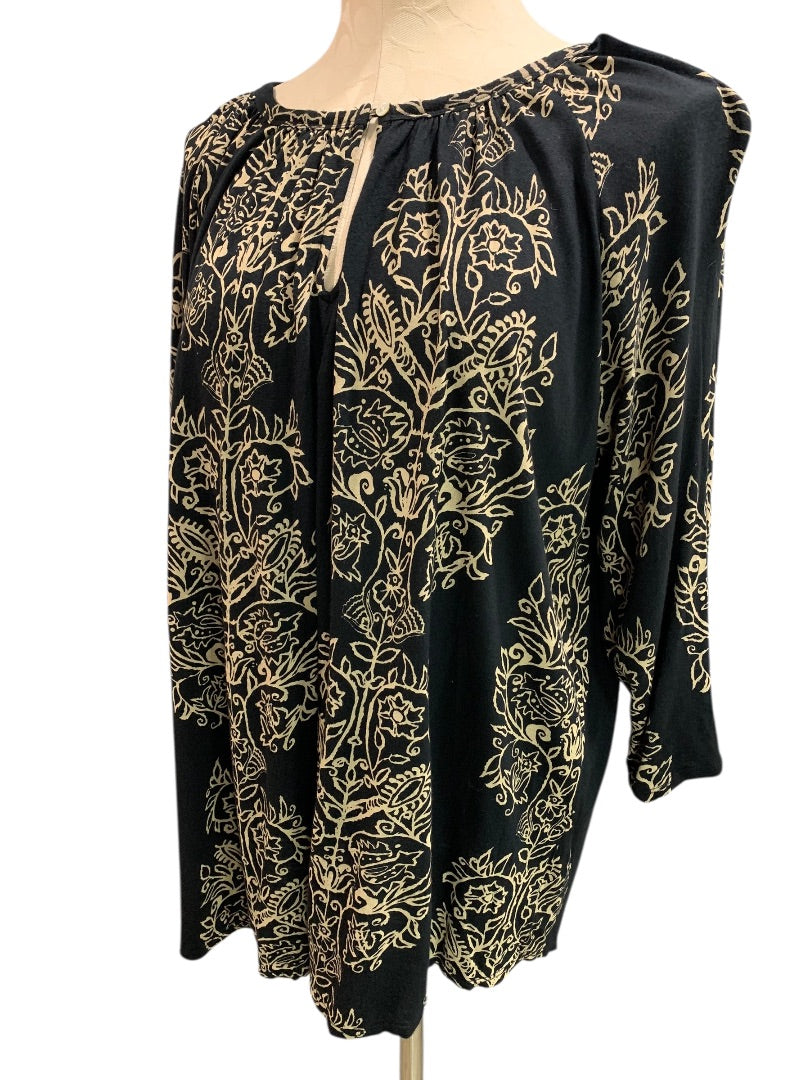 1X Lucky Brand Black Tan Print Womens Tunic Top Boho Top
