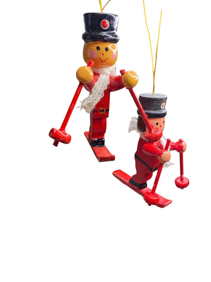 Vintage Wooden Christmas Holiday Ornaments Skiers 3.5" Red