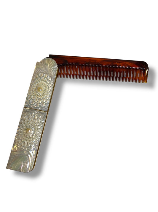 Vintage Folding Pocket Comb Ornate Carved Mother of Pearl 4.25"