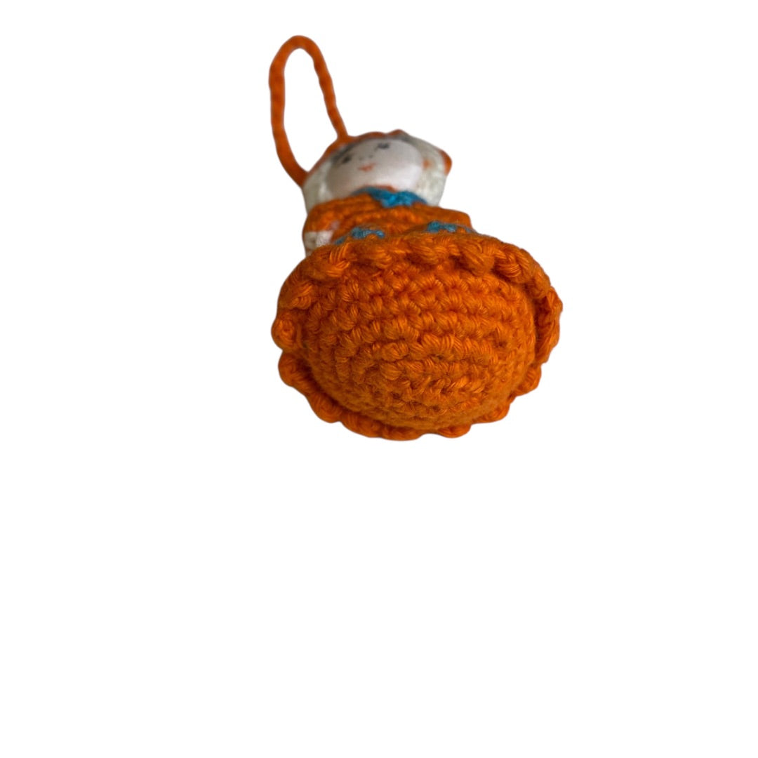 Vintage Amigurumi Japanese Crochet Girl Doll 2" Silk Face Orange