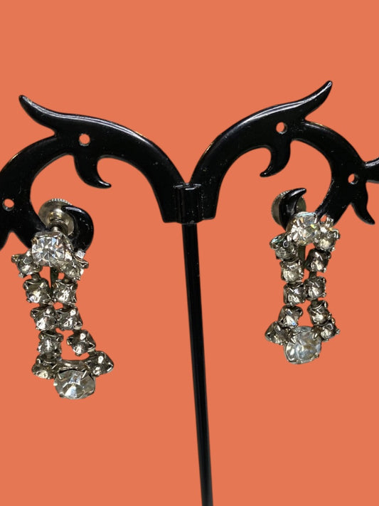 Vintage Rhinestone Earrings Non-Pierced Screwback 1.1" Drop Dangle