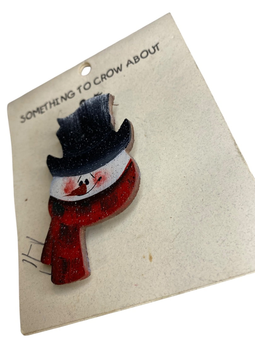 Snowman Brooch Lightweight Wood 2.5" Pin Winter Something to Crow About