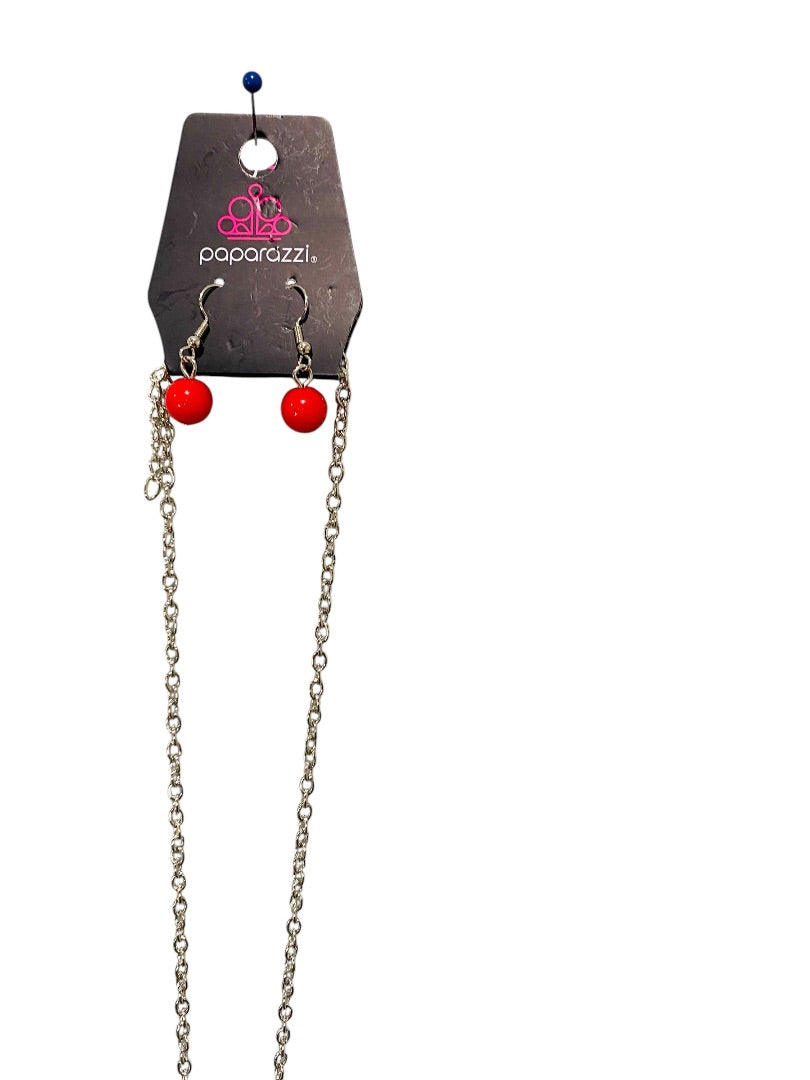 Paparazzi New Silvertone Necklace and Earring Set Red Beads 40"
