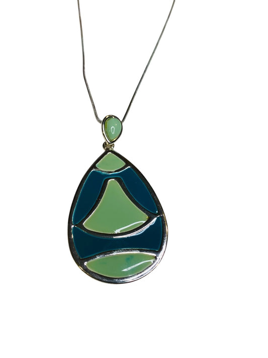 Silvertone Enameled Pendant Necklace 15" Snake Chain 2.5" Pendant