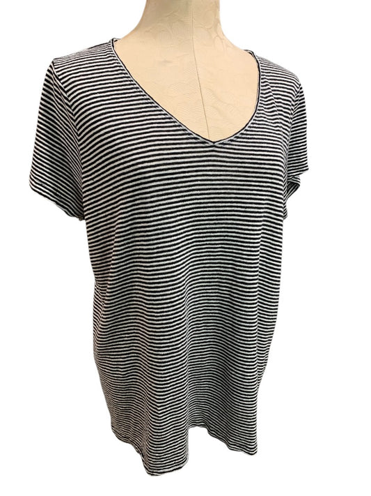 XL Eileen Fisher Womens V-Neck Linen Blend Tshirt Black White Stripe