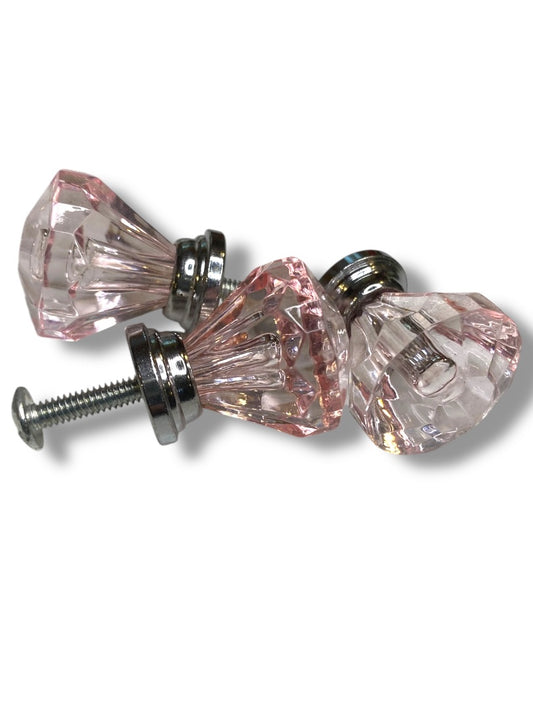 Set of 3 Pink and Silvertone Crystal Knobs Drawer Pulls 25mm 1" New