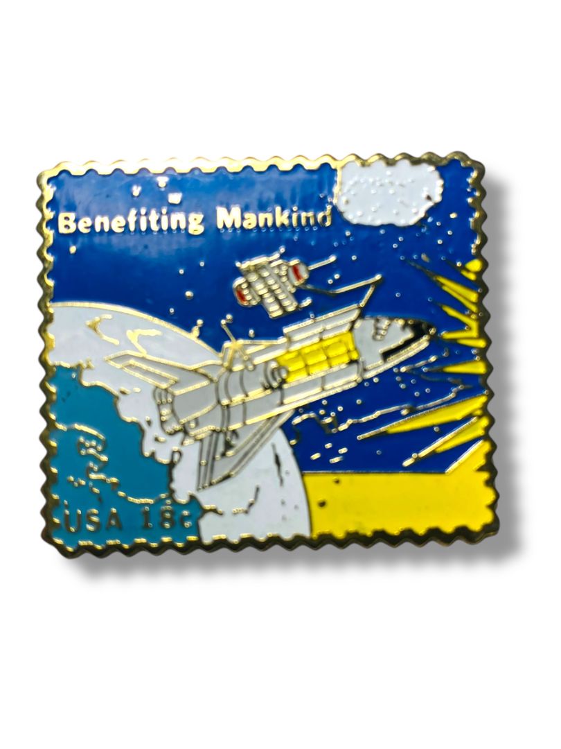 Vintage Pin Stamp Reproduction Space Shuttle Benefiting Mankind USPS 1.5"