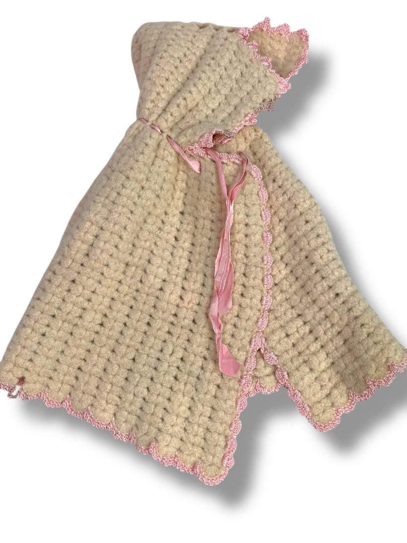 Vintage Wool Knit Cape Hooded for Baby Doll 10.5" Length Pink