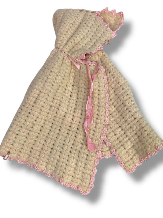 Vintage Wool Knit Cape Hooded for Baby Doll 10.5" Length Pink