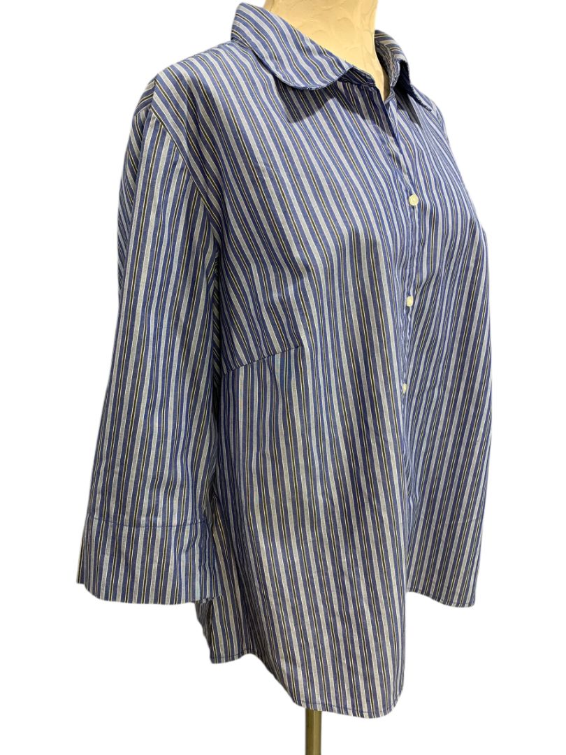 Size 1X ALS Wrinkle Free Blue Stripe Womens Button Up Shirt Wrinkle Free