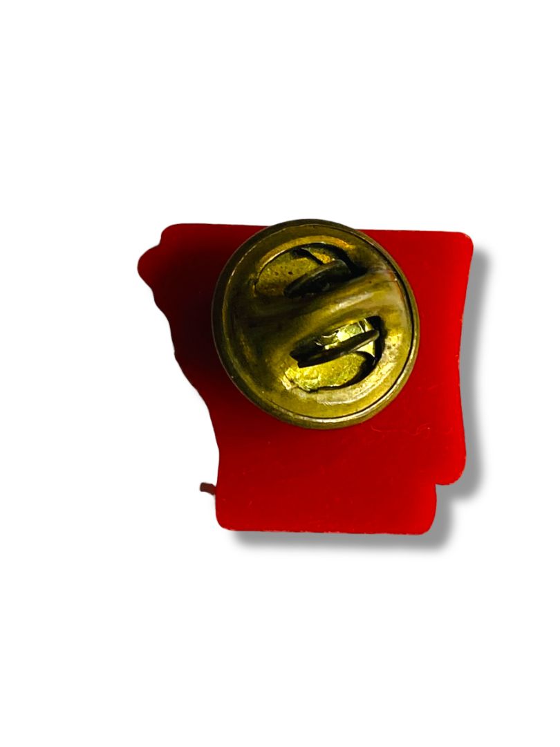 Vintage Red Plastic Lapel Pin See Arkansas First State .75"