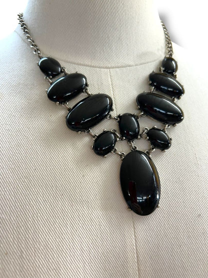 Silvertone and Black Drop Statement Necklace 18"-21"