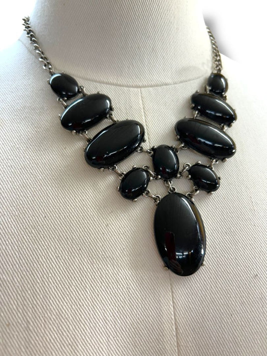Silvertone and Black Drop Statement Necklace 18"-21"
