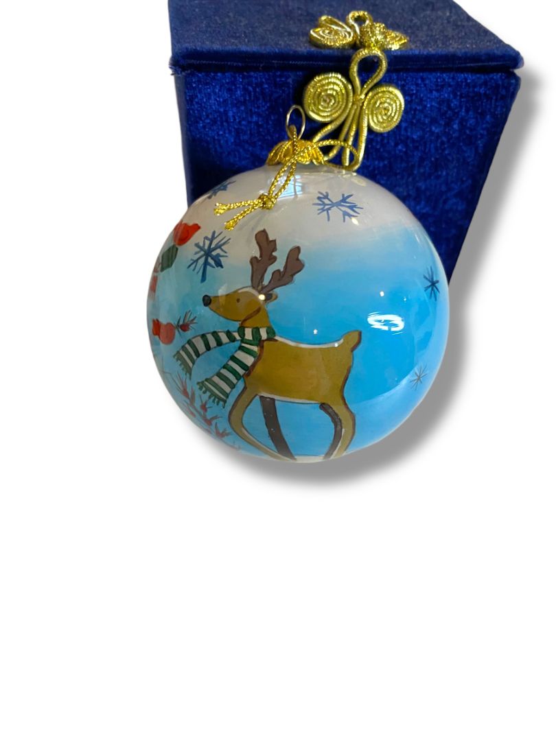 Painted Holiday Santa Glass Ball Ornament in Box 3.5" Reindeer 2012