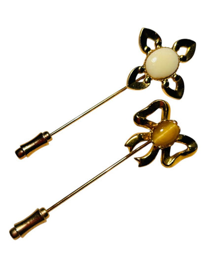 Set of 2 Stick Pins Goldtone Flower Bow Pink Cream Color 2.25"