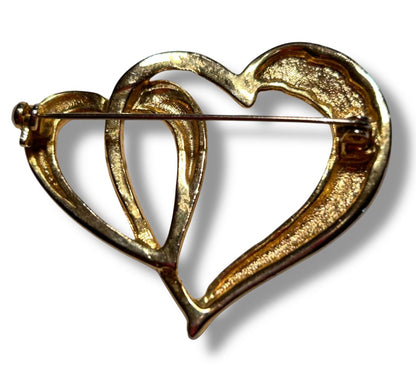 Goldtone Brooch Pin Intertwined Joined Hearts 1.75"